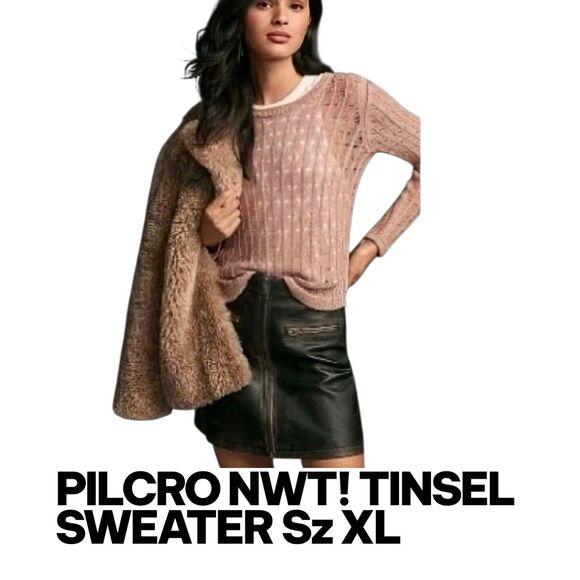 PILCRO ANTHROPOLOGIE NWT XL Pink Rose Metallic Tinsel See Thru Knit Sweater $148 - Picture 1 of 5